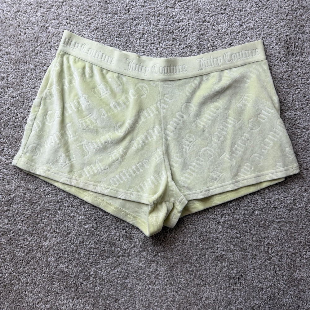 Juicy Couture Sleep Shorts Womens Large Yellow Velour Logo Graphic Sleepwear